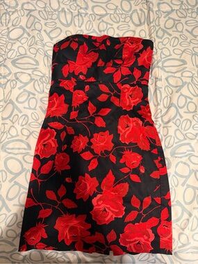 Forever 21 Black Strapless Dress with Red Rose Print